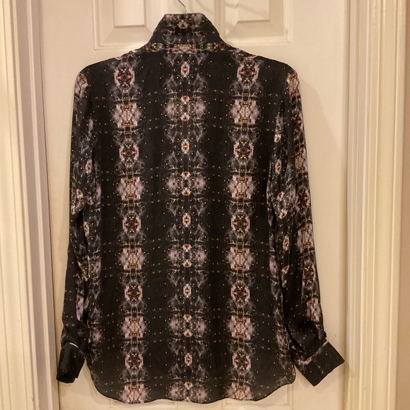 Theyshen’s Theory Beasy Printed Long Sleeve Silk Tunic Blouse, Split Neck, Sz S - Picture 6 of 12